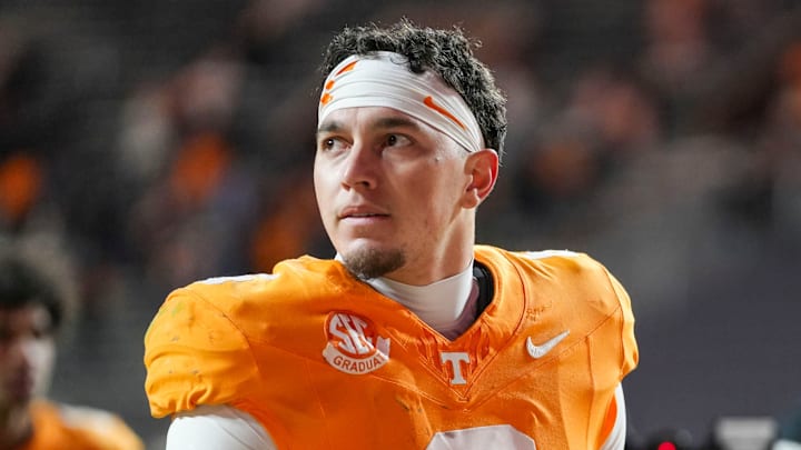 Tennessee quarterback Joey Aguilar (6) looks around the stadium after losing a NCAA football game between Tennessee and Vanderbilt at Neyland Stadium in Knoxville, Tenn., on Nov. 29, 2025. Tennessee quarterback Joey Aguilar (6) looks around the stadium after losing a NCAA football game between Tennessee and Vanderbilt at Neyland Stadium in Knoxville, Tenn., on Nov. 29, 2025.