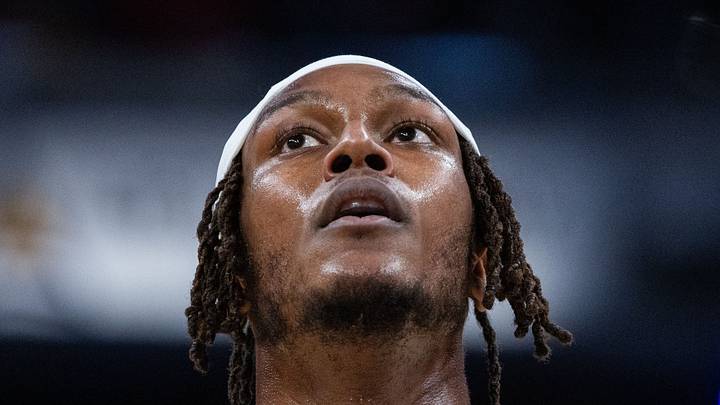 Indiana Pacers center Myles Turner (33) reacts in the second half against the Atlanta Hawks at Gainbridge Fieldhouse on Feb 1, 2025.