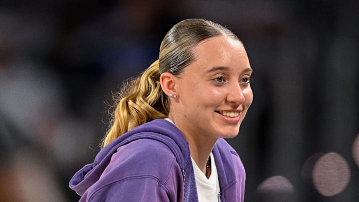 Oct 6, 2025; Fort Worth, Texas, USA; Dallas Wings guard Paige Bueckers looks on during the second quarter between the Dallas Mavericks and the Oklahoma City Thunder at Dickie's Arena. Mandatory Credit: Jerome Miron-Imagn Images