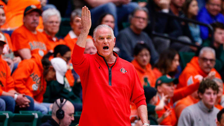 Feb 21, 2026; Fort Collins, Colorado, USA; San Diego State Aztecs head coach Brian Dutcher. Feb 21, 2026; Fort Collins, Colorado, USA; San Diego State Aztecs head coach Brian Dutcher.
