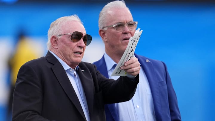 Dallas Cowboys owner Jerry Jones (left) and chief executive vice president Stephen Jones react before the game against the Los Angeles Chargers at SoFi Stadium.