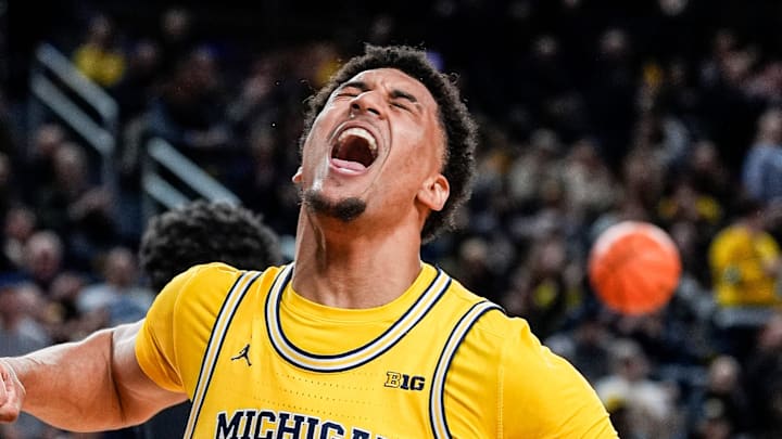 Michigan forward Yaxel Lendeborg (23) celebrates a dunk against Villanova during the first half at Crisler Center in Ann Arbor on Tuesday, Dec. 9, 2025.