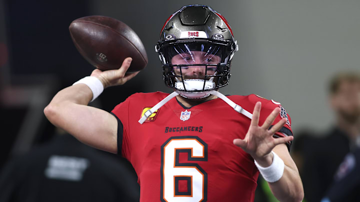 Dec 22, 2024; Arlington, Texas, USA; Tampa Bay Buccaneers quarterback Baker Mayfield (6) throws a pass before the game against the Dallas Cowboys at AT&T Stadium. Mandatory Credit: Tim Heitman-Imagn Images
