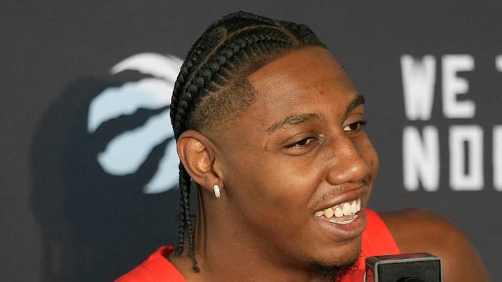 RJ Barrett talks to the media during Toronto Raptors Media Day. RJ Barrett talks to the media during Toronto Raptors Media Day.