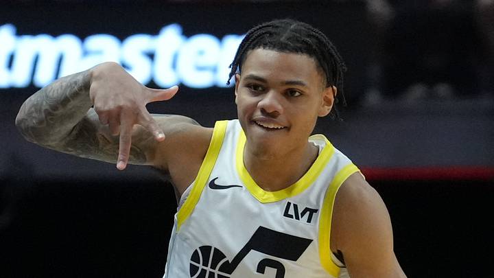 Mar 2, 2024; Miami, Florida, USA; Utah Jazz guard Keyonte George (3) celebrated after a three pointer in the second half at Kaseya Center. Mandatory Credit: Peter Joneleit-USA TODAY Sports