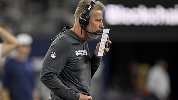Dallas Cowboys defensive coordinator Matt Eberflus looks on during the game between the Cowboys and the Baltimore Ravens.