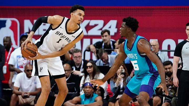 Center James Nnaji guards Victor Wembanyama in NBA summer league. Center James Nnaji guards Victor Wembanyama in NBA summer league.