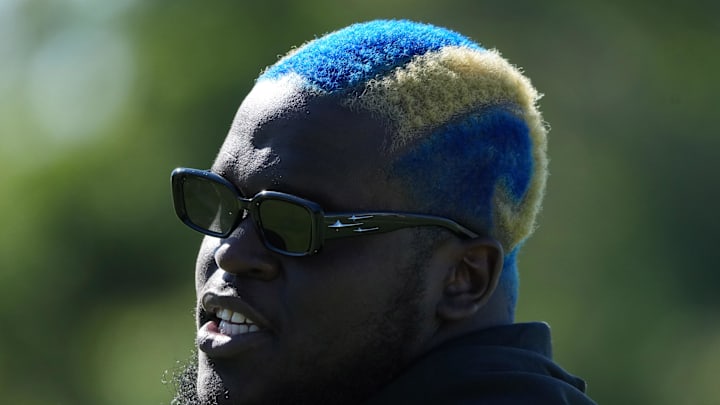 Jul 23, 2025; Los Angeles, CA, USA; Los Angeles Rams lineman Kevin Dotson (69) during training camp at Loyola Marymount University. Mandatory Credit: Kirby Lee-Imagn Images