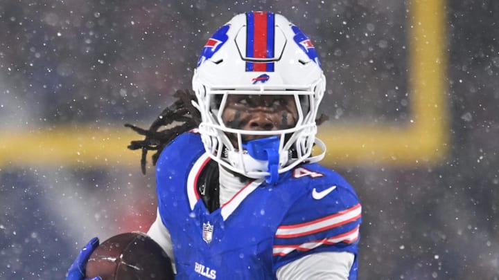 Dec 1, 2024; Orchard Park, New York, USA; Buffalo Bills running back James Cook (4) runs for a first down against the San Francisco 49ers in the second quarter at Highmark Stadium. Mandatory Credit: Mark Konezny-Imagn Images Dec 1, 2024; Orchard Park, New York, USA; Buffalo Bills running back James Cook (4) runs for a first down against the San Francisco 49ers in the second quarter at Highmark Stadium. Mandatory Credit: Mark Konezny-Imagn Images