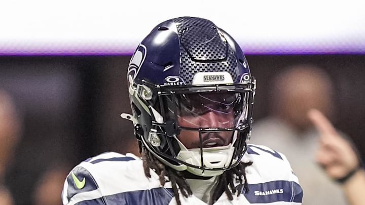 Seattle Seahawks cornerback Riq Woolen on the field against the Atlanta Falcons. Seattle Seahawks cornerback Riq Woolen on the field against the Atlanta Falcons.
