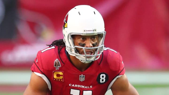 Dec 20, 2020; Glendale, Arizona, USA; Arizona Cardinals wide receiver Larry Fitzgerald (11) against the Philadelphia Eagles at State Farm Stadium. Mandatory Credit: Mark J. Rebilas-Imagn Images