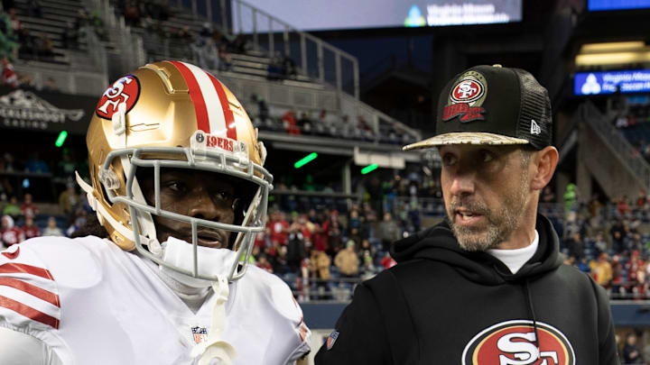 San Francisco 49ers wide receiver Brandon Aiyuk (L) and head coach Kyle Shanahan (R) San Francisco 49ers wide receiver Brandon Aiyuk (L) and head coach Kyle Shanahan (R)