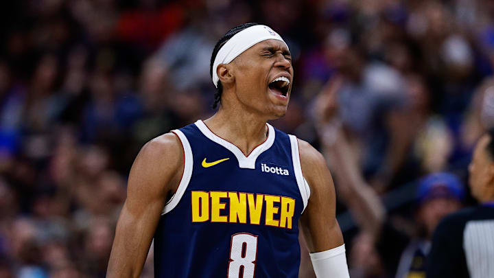 Mar 25, 2026; Denver, Colorado, USA; Denver Nuggets guard Peyton Watson (8) reacts after a play in the fourth quarter against the Dallas Mavericks at Ball Arena. Mar 25, 2026; Denver, Colorado, USA; Denver Nuggets guard Peyton Watson (8) reacts after a play in the fourth quarter against the Dallas Mavericks at Ball Arena.