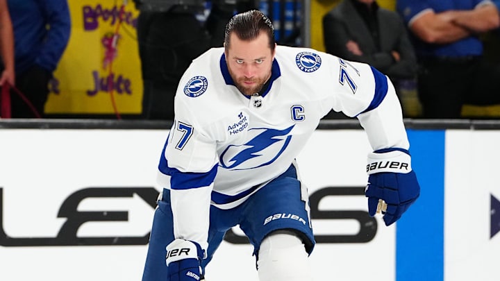 Nov 6, 2025; Las Vegas, Nevada, USA; Tampa Bay Lightning defenseman Victor Hedman (77) warms up before a game against the Vegas Golden Knighs at T-Mobile Arena. Mandatory Credit: Stephen R. Sylvanie-Imagn Images