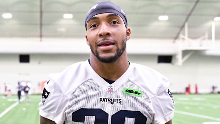 Jun 10, 2025; Foxborough, MA, USA; New England Patriots running back TreVeyon Henderson (32) speaks to the media after minicamp held in the WIN Field House at Gillette Stadium. Mandatory Credit: Eric Canha-Imagn Images