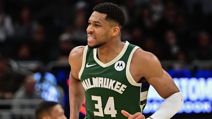 Mar 5, 2025; Milwaukee, Wisconsin, USA;  Milwaukee Bucks forward Giannis Antetokounmpo (34) reacts in the third quarter against the Dallas Mavericks at Fiserv Forum. Mandatory Credit: Benny Sieu-Imagn Images