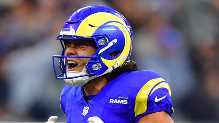 Dec 14, 2025; Inglewood, California, USA; Los Angeles Rams wide receiver Puka Nacua (12) celebrates after a play during the third quarter against the Detroit Lions at SoFi Stadium. Mandatory Credit: Gary A. Vasquez-Imagn Images