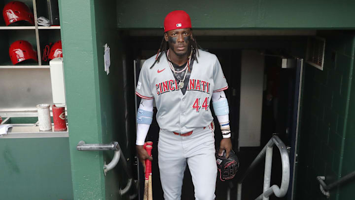 Jun 18, 2024; Pittsburgh, Pennsylvania, USA;  Cincinnati Reds shortstop Elly De La Cruz (44) enters the dugout to play the Pittsburgh Pirates at PNC Park. Mandatory Credit: Charles LeClaire-USA TODAY Sports