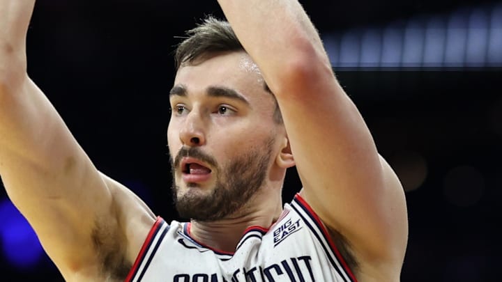Mar 20, 2026; Philadelphia, PA, USA; UConn Huskies forward Alex Karaban (11) shoots the ball against the Furman Paladins in the first half during a first round game of the men's 2026 NCAA Tournament at Xfinity Mobile Arena.