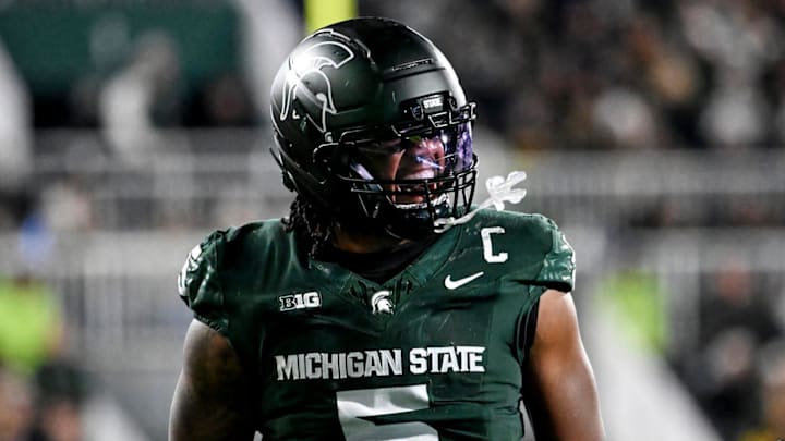 Michigan State's Jordan Hall celebrates after a stop against Michigan during the second quarter on Saturday, Oct. 25, 2025, at Spartan Stadium in East Lansing. Michigan State's Jordan Hall celebrates after a stop against Michigan during the second quarter on Saturday, Oct. 25, 2025, at Spartan Stadium in East Lansing.