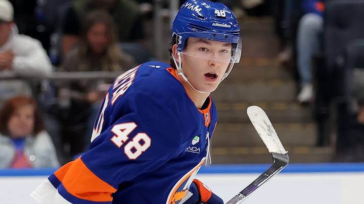 Oct 3, 2026; Elmont, New York, USA; New York Islanders defenseman Matthew Schaefer (48) skates against the New Jersey Devils during the third period at UBS Arena. Mandatory Credit: Brad Penner-Imagn Images