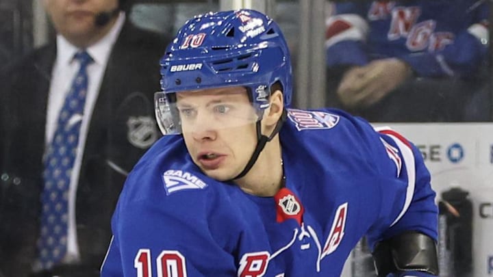 Jan 14, 2026; New York, New York, USA;  New York Rangers left wing Artemi Panarin (10) controls the puck in the first period against the Ottawa Senators at Madison Square Garden. Mandatory Credit: Wendell Cruz-Imagn Images