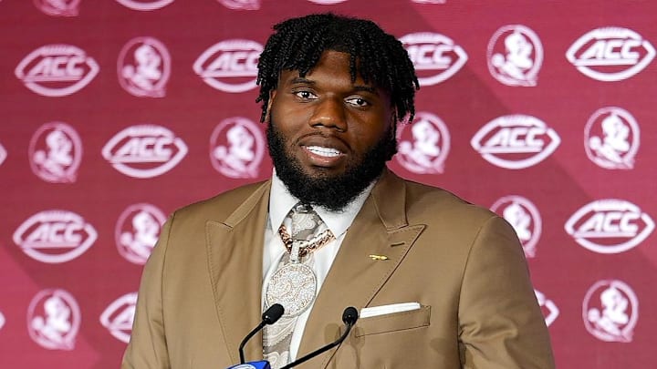 Jul 23, 2025; Charlotte, NC, USA; FSU defenseve lineman Darrell Jackson Jr.answers questions from the media during ACC Media days at Hilton Charlotte Uptown. Mandatory Credit: Jim Dedmon-Imagn Images