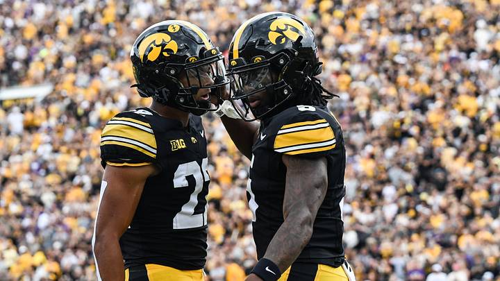 Sep 19, 2026; Iowa City, Iowa, USA; Iowa Hawkeyes running back Braeden Jackson (22) and running back Nathan McNeil (5) react after a touchdown by McNeil against the UNI Panthers during the first quarter at Kinnick Stadium. Mandatory Credit: Jeffrey Becker-Imagn Images Sep 19, 2026; Iowa City, Iowa, USA; Iowa Hawkeyes running back Braeden Jackson (22) and running back Nathan McNeil (5) react after a touchdown by McNeil against the UNI Panthers during the first quarter at Kinnick Stadium. Mandatory Credit: Jeffrey Becker-Imagn Images