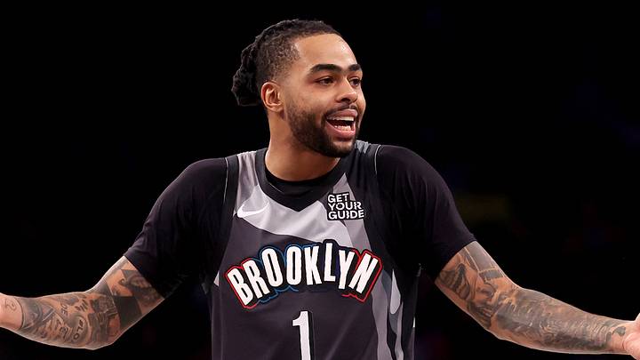 Feb 12, 2025; Brooklyn, New York, USA; Brooklyn Nets guard D'Angelo Russell (1) reacts during the fourth quarter against the Philadelphia 76ers at Barclays Center. Mandatory Credit: Brad Penner-Imagn Images Feb 12, 2025; Brooklyn, New York, USA; Brooklyn Nets guard D'Angelo Russell (1) reacts during the fourth quarter against the Philadelphia 76ers at Barclays Center. Mandatory Credit: Brad Penner-Imagn Images