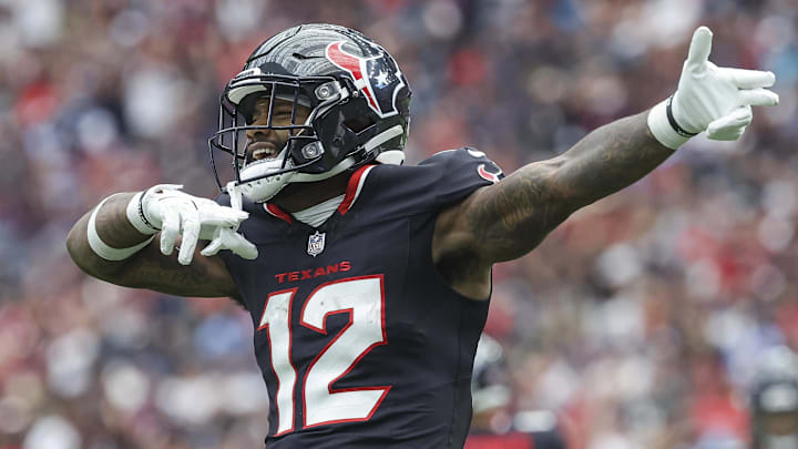 Sep 29, 2024; Houston, Texas, USA; Houston Texans wide receiver Nico Collins (12) signals after a first down during the first quarter against the Jacksonville Jaguars at NRG Stadium. Mandatory Credit: Troy Taormina-Imagn Images Sep 29, 2024; Houston, Texas, USA; Houston Texans wide receiver Nico Collins (12) signals after a first down during the first quarter against the Jacksonville Jaguars at NRG Stadium. Mandatory Credit: Troy Taormina-Imagn Images