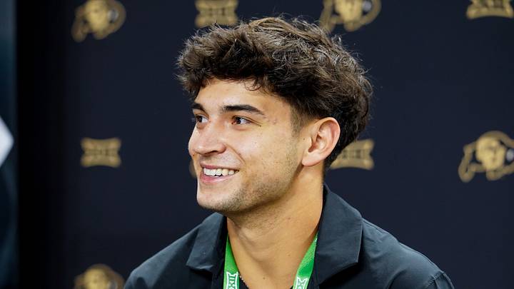Jul 7, 2026; Frisco, TX, USA;  Colorado wide receiver Danny Scudero speaks with  reporters during Big 12 Conference Football Media Days at The Star. 