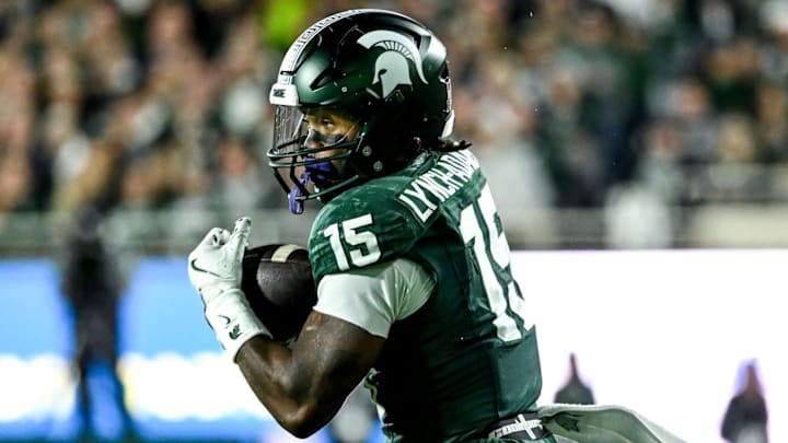 Michigan State's Kay'ron Lynch-Adams catches a pass against Iowa in the second quarter on Saturday, Oct. 19, 2024, at Spartan Stadium in East Lansing. Michigan State's Kay'ron Lynch-Adams catches a pass against Iowa in the second quarter on Saturday, Oct. 19, 2024, at Spartan Stadium in East Lansing.