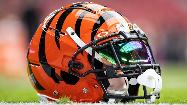 Oct 8, 2023; Glendale, Arizona, USA; Detailed view of a Cincinnati Bengals helmet at State Farm Stadium. Mandatory Credit: Mark J. Rebilas-Imagn Images