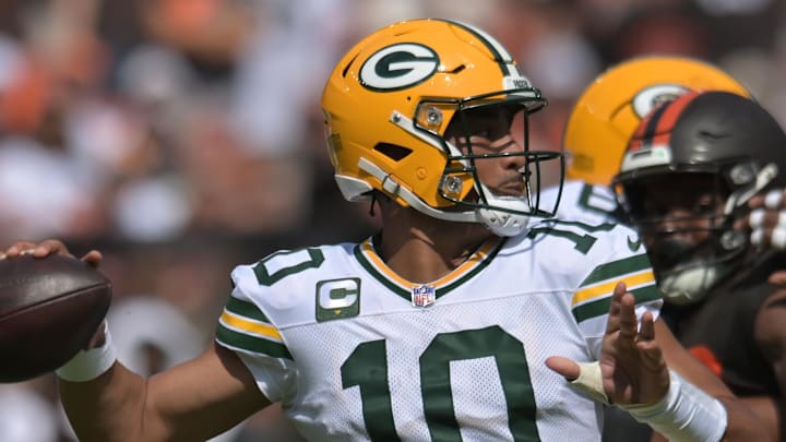 Green Bay Packers quarterback Jordan Love (10) throws a pass against the Cleveland Browns on Sunday. Green Bay Packers quarterback Jordan Love (10) throws a pass against the Cleveland Browns on Sunday.