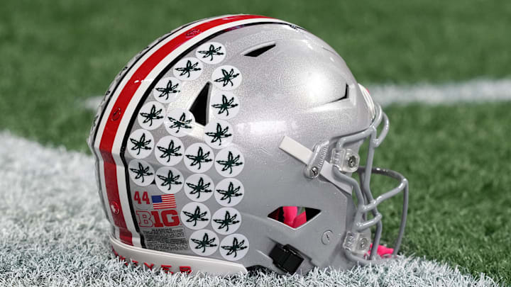 Jan 18, 2025; Atlanta, GA, USA; A Ohio State Buckeyes helmet on the field during practice at Mercedes-Benz Stadium. Mandatory Credit: Kirby Lee-Imagn Images