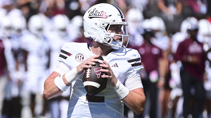 Mississippi State Bulldogs quarterback Blake Shapen (2) drops back to pass against the Florida Gators during the first quarter at Davis Wade Stadium at Scott Field. Mississippi State Bulldogs quarterback Blake Shapen (2) drops back to pass against the Florida Gators during the first quarter at Davis Wade Stadium at Scott Field.