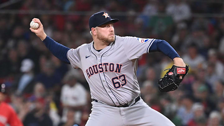 Aug 9, 2024; Boston, Massachusetts, USA; Houston Astros pitcher Kaleb Ort (63) pitches against the Boston Red Sox during the sixth inning at Fenway Park. 
