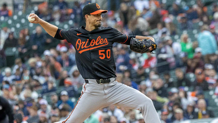Apr 26, 2025; Detroit, Michigan, USA; Baltimore Orioles pitcher Charlie Morton (50) delivers in the second inning against the Detroit Tigers during game two of a double header at Comerica Park. 