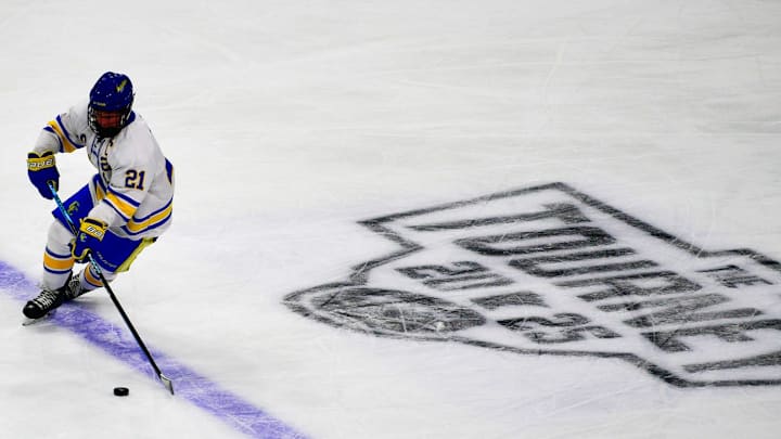 St. Cloud Cathedral hockey junior Griffin Sturm skates against Mahtomedi in the state semifinal March 5, 2025 at the Xcel Energy Center in St. Paul. The Crusaders won 3-0.