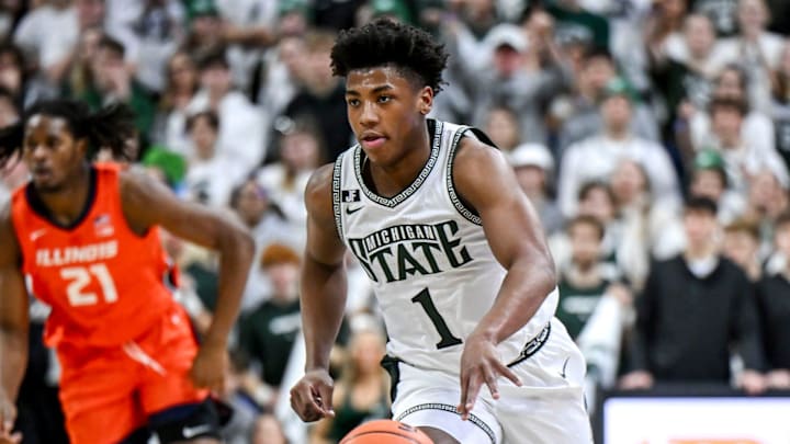 Michigan State's Jeremy Fears Jr. pushes the ball against Illinois during the first half on Sunday, Jan. 19, 2025, at the Breslin Center in East Lansing.
