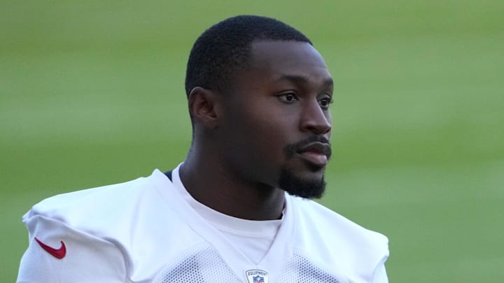 Tampa Bay Buccaneers cornerback Jamel Dean (35) reacts during practice at the FC Bayern Campus. 