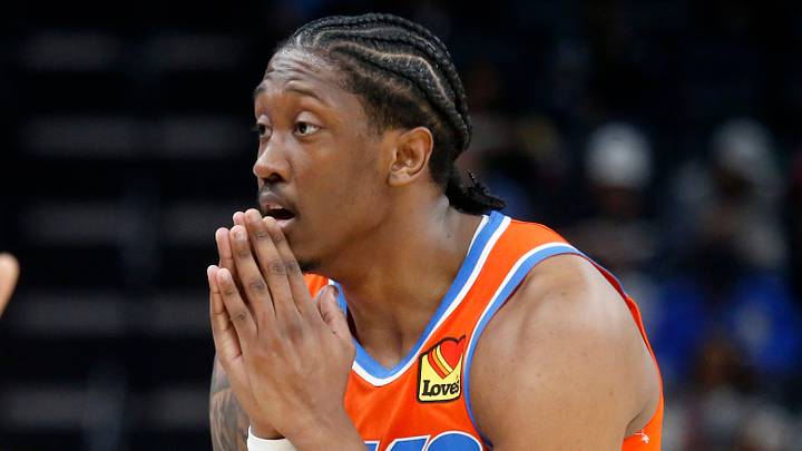 Jan 9, 2026; Memphis, Tennessee, USA; Oklahoma City Thunder guard Jalen Williams (8) reacts during the second quarter against the Memphis Grizzlies at FedExForum. Mandatory Credit: Petre Thomas-Imagn Images