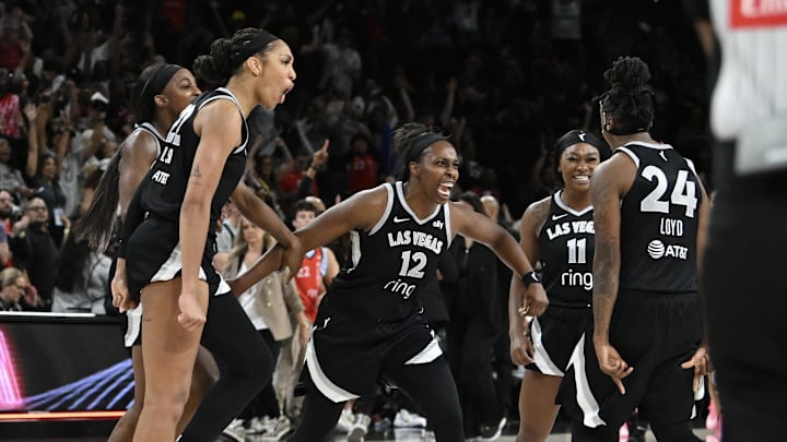 May 23, 2025; Las Vegas, Nevada, USA; Las Vegas Aces center Wilson, guards Young, Gray, Evans and Loyd celebrate defeating the Washington Mystics at Michelob Ultra Arena. May 23, 2025; Las Vegas, Nevada, USA; Las Vegas Aces center Wilson, guards Young, Gray, Evans and Loyd celebrate defeating the Washington Mystics at Michelob Ultra Arena.