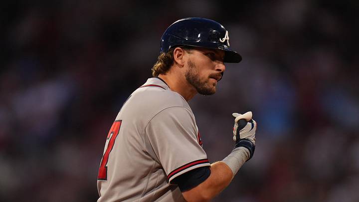 May 26, 2026; Boston, Massachusetts, USA; Atlanta Braves third baseman Austin Riley (27) reacts after hitting a triple to left field against the Boston Red Sox in the sixth inning at Fenway Park. Mandatory Credit: David Butler II-Imagn Images