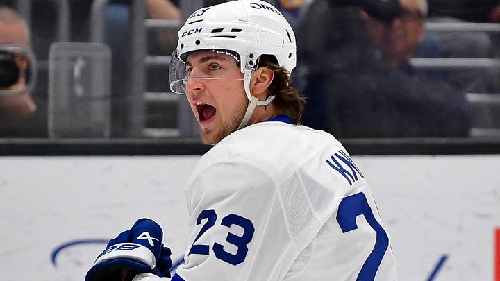 Apr 4, 2026; Los Angeles, California, USA; Toronto Maple Leafs left wing Matthew Knies (23) celebrates his goal scored against goaltender Darcy Kuemper (35) during the third period at Crypto.com Arena. Mandatory Credit: Gary A. Vasquez-Imagn Images