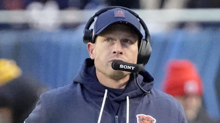 Jan 4, 2026; Chicago, Illinois, USA; Chicago Bears head coach Ben Johnson looks on from the sideline against the Detroit Lions during the first half at Soldier Field. Mandatory Credit: David Banks-Imagn Images