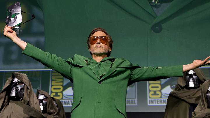 Robert Downey Jr. speaks onstage during the Marvel Studios Panel in Hall H at SDCC in San Diego, California on July 27, 2024