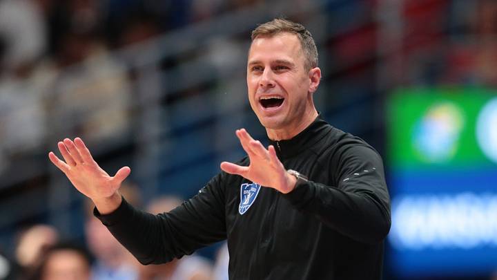 Duke Blue Devils head coach Jon Scheyer makes adjustments against Kansas Jayhawks during the exhibition game inside Allen Fieldhouse in Lawrence, Kansas on Oct. 25, 2026. Duke Blue Devils head coach Jon Scheyer makes adjustments against Kansas Jayhawks during the exhibition game inside Allen Fieldhouse in Lawrence, Kansas on Oct. 25, 2026.