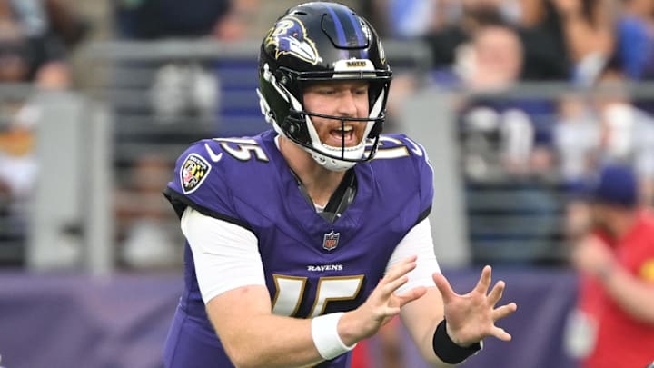 Aug 7, 2025; Baltimore, Maryland, USA; Baltimore Ravens quarterback Cooper Rush (15) awaits the snap against the Indianapolis Colts during the first quarter at M&T Bank Stadium. Mandatory Credit: Rafael Suanes-Imagn Images