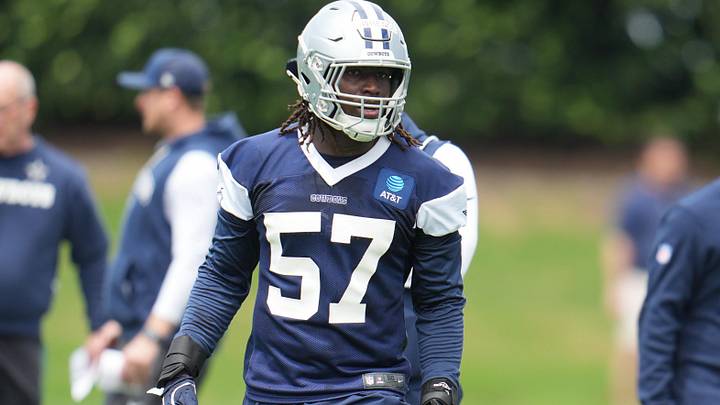 Dallas Cowboys OLB Malachi Lawrence goes through a drill during practice at the Ford Center at the Star Training Facility.